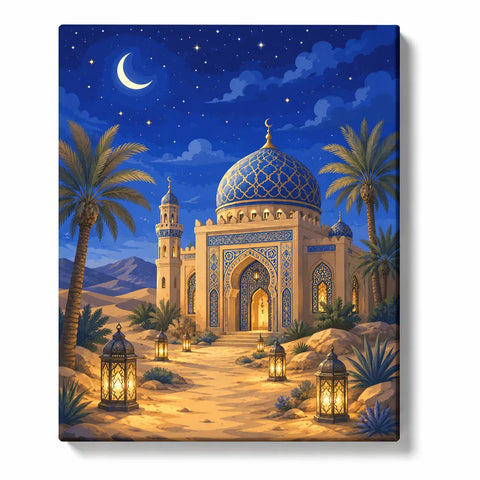Islamic Palace Paint by Numbers For Adults featuring mosque inspired architecture with crescent moon, lanterns, palm trees and desert night scene