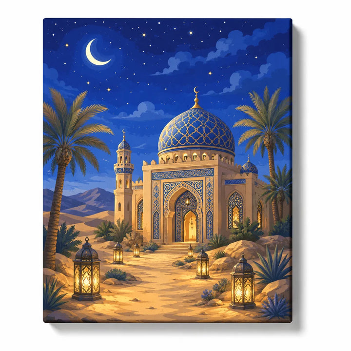 Islamic Palace Paint by Numbers For Adults featuring mosque inspired architecture with crescent moon, lanterns, palm trees and desert night scene