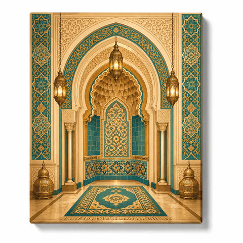 Islamic Architecture Paint by Numbers For Adults featuring ornate arch interior with golden lanterns, turquoise patterns, decorative tiles and spiritual design