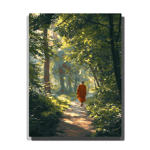 monk walking forest path paint by numbers zen buddhist sunlight trees pathway artwork