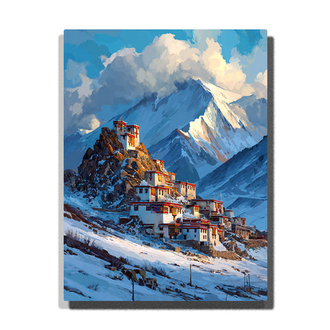 snow mountain village with golden peak and hillside houses paint by numbers spiritual landscape wall art