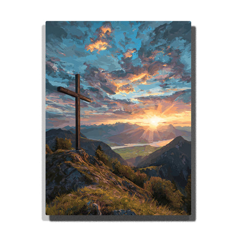 cross on mountain sunrise landscape paint by numbers christian wall decor