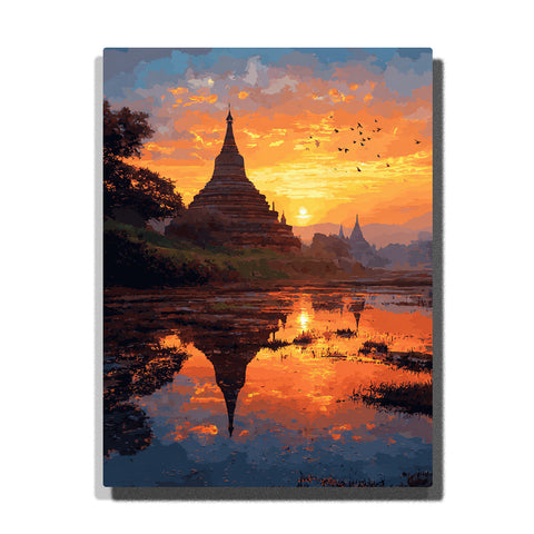 Sunset pagoda landscape with glowing sky and reflective water, featuring temple silhouettes and birds in a calm spiritual setting