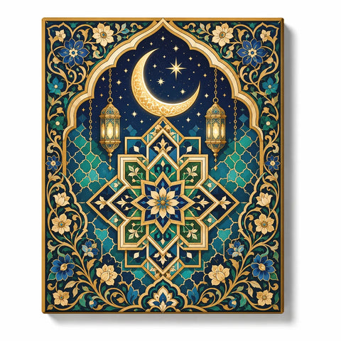 Mandala Paint by Numbers For Adults featuring crescent moon, Islamic inspired patterns, golden lanterns, floral geometry and Eastern decorative design