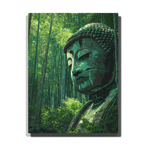 Giant Buddha head surrounded by bamboo forest with soft green light and dense foliage in a tranquil setting