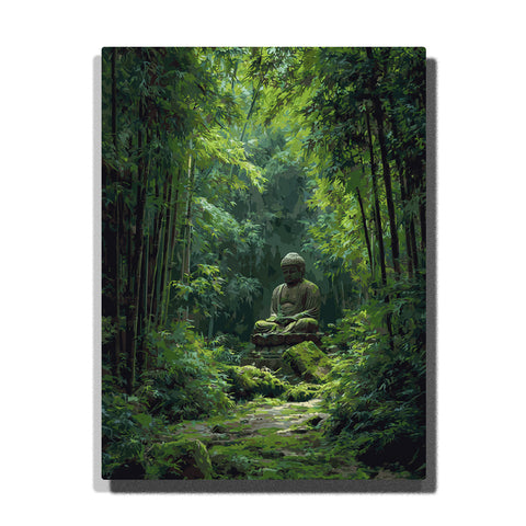 Buddha meditating in lush bamboo forest with dense greenery and soft filtered light along a quiet path
