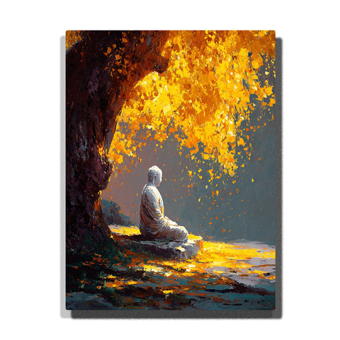 Buddha seated beneath radiant golden tree with falling leaves and bright light in a tranquil natural setting