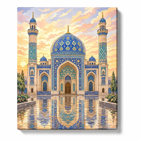 Islamic Paint by Numbers For Adults featuring ornate blue mosque with patterned dome, twin minarets, geometric tilework and reflections beneath golden sunset sky