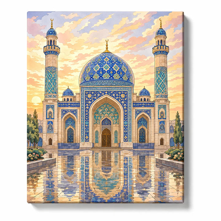 Islamic Paint by Numbers For Adults featuring ornate blue mosque with patterned dome, twin minarets, geometric tilework and reflections beneath golden sunset sky