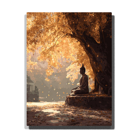 Buddha seated under golden autumn tree with falling leaves and warm sunlight in peaceful forest setting