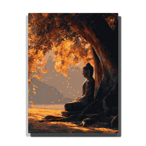 Buddha meditating under golden autumn tree with falling leaves and warm sunlight in tranquil forest scene