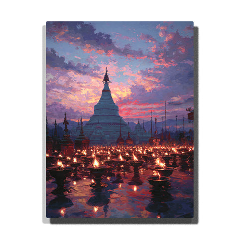 buddhist pagoda at dusk with floating oil lamps glowing under colorful sunset sky paint by numbers spiritual wall art