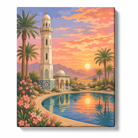 Islamic Mosque Paint by Numbers For Adults featuring mosque architecture with minaret, palm trees, sunset reflection pool and mountain landscape