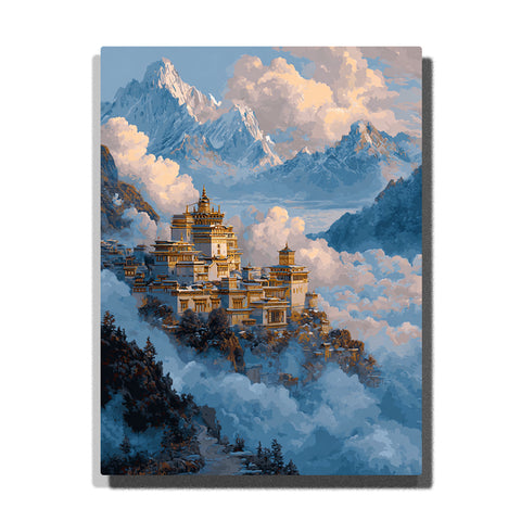 mountain monastery above clouds with snow peaks and golden temple paint by numbers spiritual landscape wall art