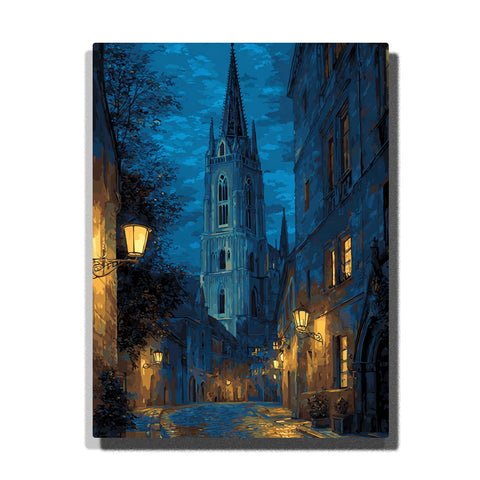 blue night church street warm lantern light paint by numbers religious wall decor