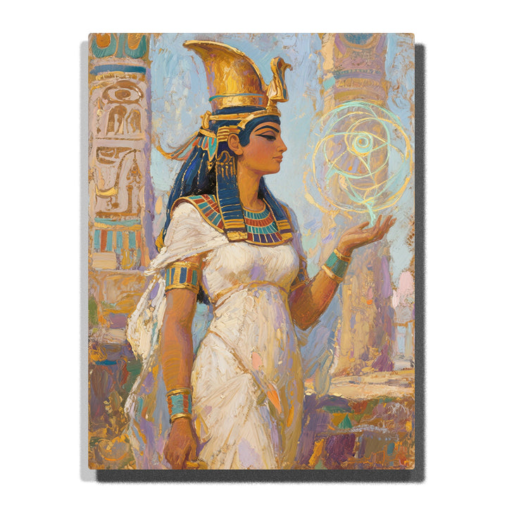Egyptian goddess in profile holding a golden eye symbol with temple columns, turquoise jewelry, white dress, and ancient blue background, paint by numbers wall art by PaintEasy
