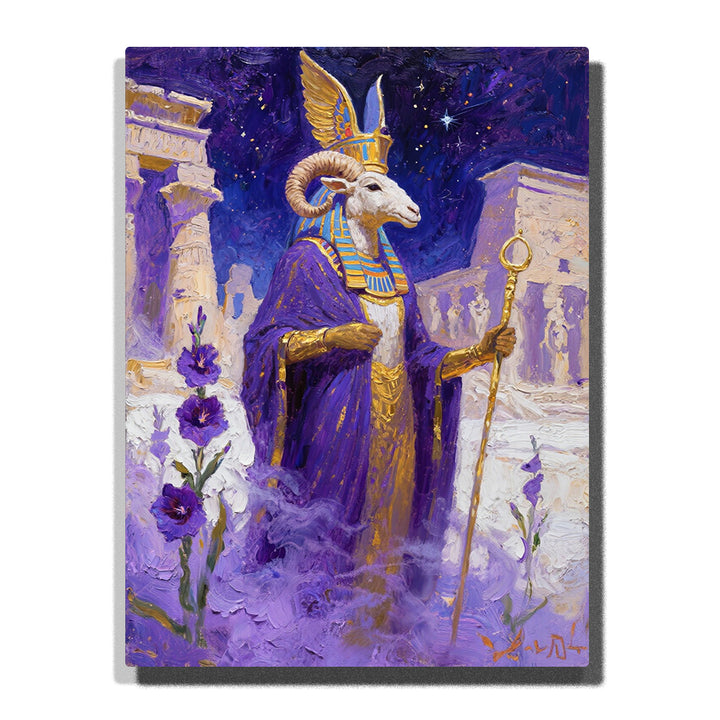 Ram-headed Egyptian god in royal purple robe holding a golden staff with white ram head, blue-gold crown, violet flowers, starry sky, and temple ruins, paint by numbers wall art by PaintEasy
