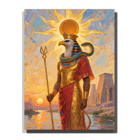 Falcon-headed Egyptian god beneath a golden sun disk with teal serpent collar, red robe, ceremonial staff, temple ruins, and glowing river reflections, paint by numbers wall art by PaintEasy