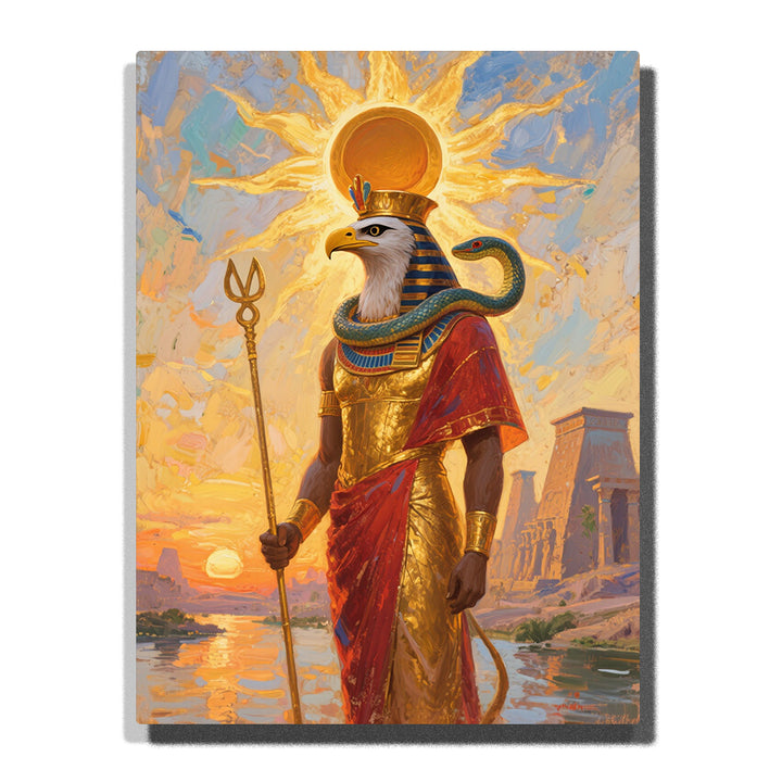 Falcon-headed Egyptian god beneath a golden sun disk with teal serpent collar, red robe, ceremonial staff, temple ruins, and glowing river reflections, paint by numbers wall art by PaintEasy