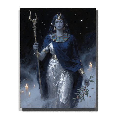 Moonlit Egyptian goddess holding a silver crescent staff with navy cloak, silver dress, gold collar, candle flames, mist, and starry black sky, paint by numbers wall art by PaintEasy