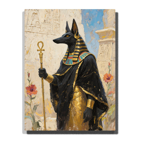 Jackal-headed Egyptian god in black robe holding a golden ankh staff with striped headdress, turquoise collar, temple carvings, and orange flowers, paint by numbers wall art by PaintEasy