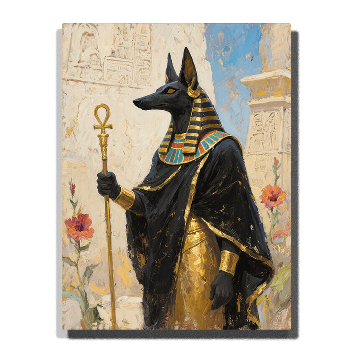 Jackal-headed Egyptian god in black robe holding a golden ankh staff with striped headdress, turquoise collar, temple carvings, and orange flowers, paint by numbers wall art by PaintEasy