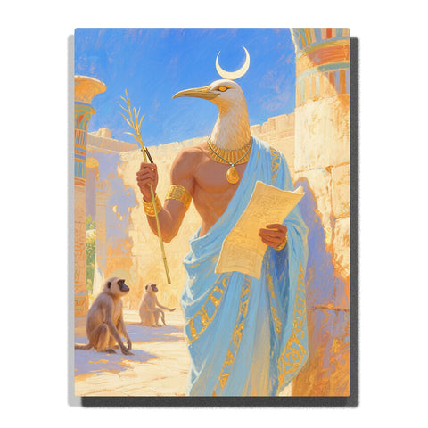 Ibis-headed Egyptian god in sky blue robe holding papyrus and scroll with crescent moon, temple columns, monkeys, and golden jewelry, paint by numbers wall art by PaintEasy