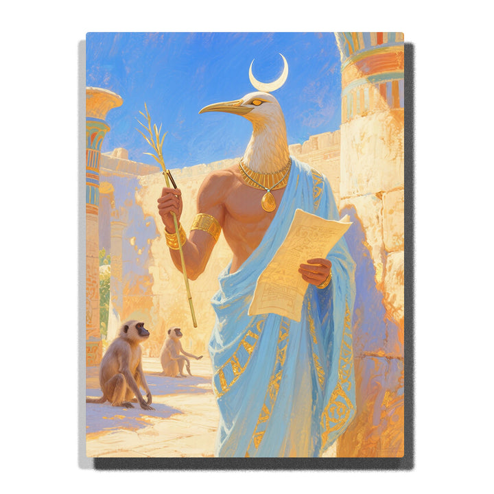 Ibis-headed Egyptian god in sky blue robe holding papyrus and scroll with crescent moon, temple columns, monkeys, and golden jewelry, paint by numbers wall art by PaintEasy