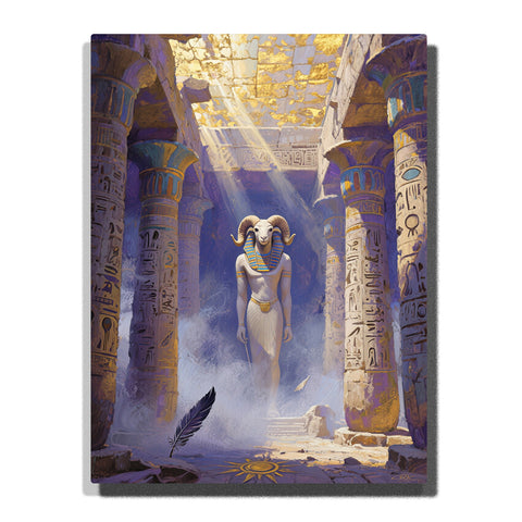 Ram-headed Egyptian god walking through sunlit temple columns with hieroglyphic carvings, golden ceiling light, drifting mist, and black feather, paint by numbers wall art by PaintEasy