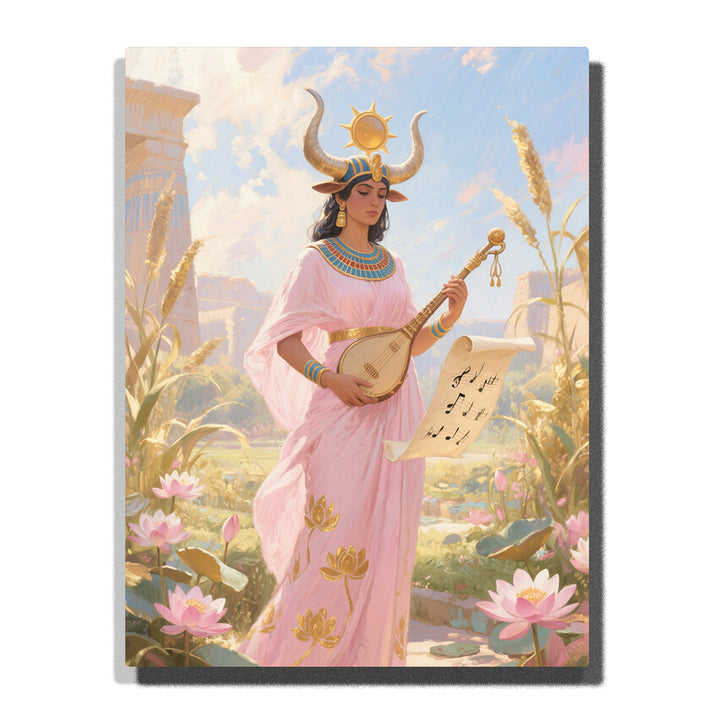 Egyptian goddess in pink robe playing a lute among lotus flowers with golden sun disk, horned headdress, music scroll, and temple garden, paint by numbers wall art by PaintEasy