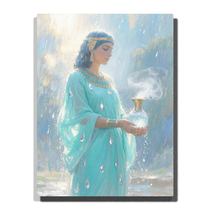 Egyptian goddess in turquoise robe holding a misty water jar with falling raindrops, crystal droplets, gold jewelry, and soft blue light, paint by numbers wall art by PaintEasy
