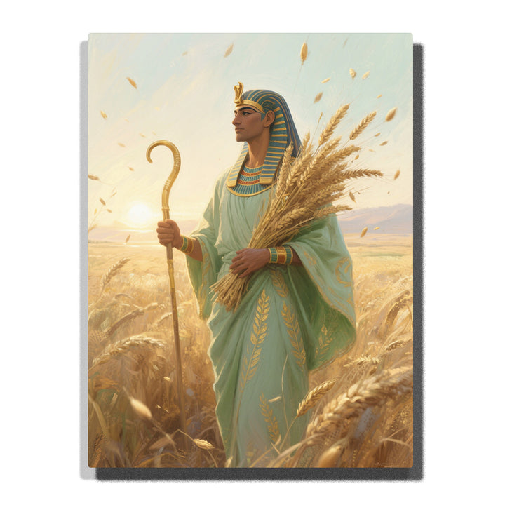 Egyptian god in green robe carrying golden wheat with curved staff, blue-gold headdress, sunrise field, drifting grains, and warm harvest light, paint by numbers wall art by PaintEasy
