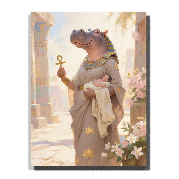 Hippo-headed Egyptian goddess holding a wrapped baby and golden ankh with taupe robe, blue-gold collar, pink flowers, and sunlit temple street, paint by numbers wall art by PaintEasy