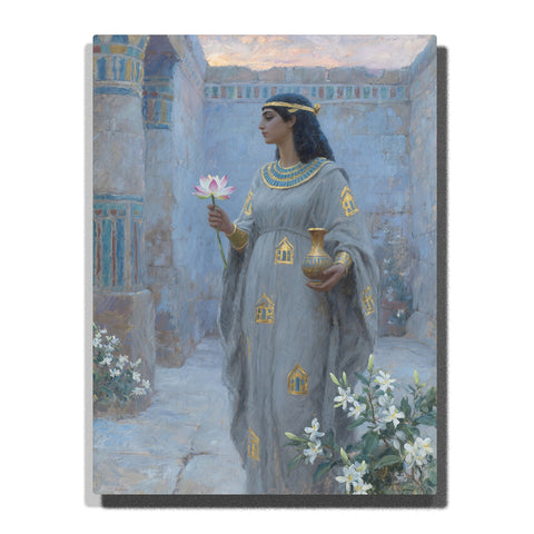 Egyptian goddess in gray robe holding a pink lotus and golden vase with turquoise collar, blue-gray temple courtyard, white flowers, and gold motifs, paint by numbers wall art by PaintEasy
