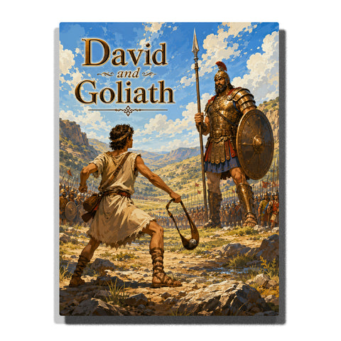 David and Goliath Bible story battle scene with young shepherd facing armored giant warrior, ancient battlefield, mountains and soldiers Paint by Numbers by PaintEasy