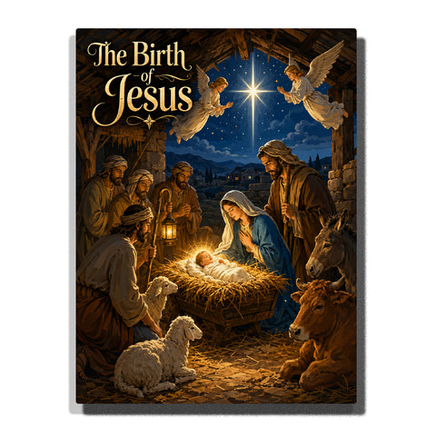 The Birth of Jesus Nativity scene with baby Jesus in manger, Virgin Mary, Joseph, angels, shepherds, animals and Bethlehem stable Paint by Numbers by PaintEasy