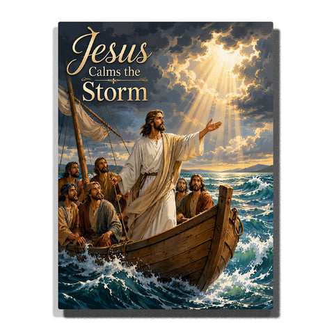Jesus calming the storm on a boat with disciples, powerful ocean waves, storm clouds, divine light and biblical sea scene Paint by Numbers by PaintEasy