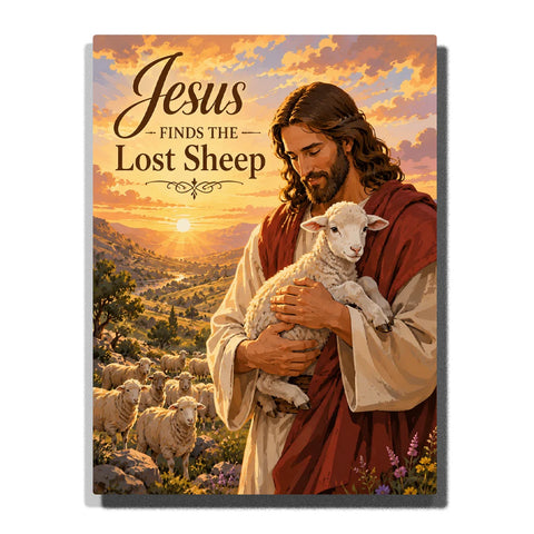 Jesus Paint by Numbers For Adults featuring Jesus Christ holding a lost sheep in his arms with flock of lambs across a golden sunset valley and mountain landscape