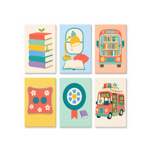 Colorful mini Paint by Numbers Set featuring a stack of books with a growing sprout, reading lamp with open book, bookshelf bus, floral cushion, book emblem and mobile library vehicle illustrations by PaintEasy