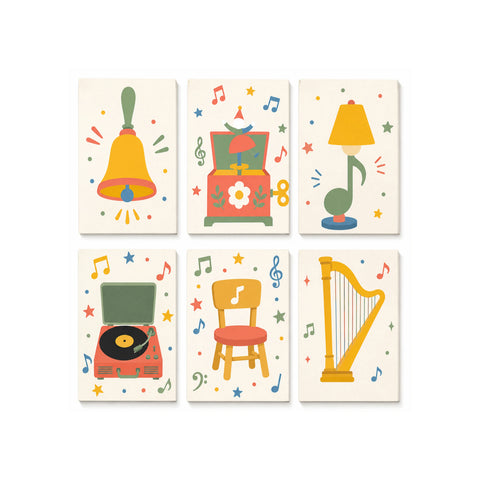 Colorful mini Paint by Numbers Set featuring music bell, dancing music box, musical lamp, record player, music chair and golden harp illustrations by PaintEasy