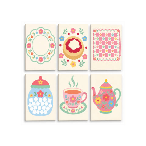 Colorful mini Paint by Numbers Set featuring floral wreath, flower dessert plate, patchwork quilt, decorative jar, cozy tea cup and floral teapot illustrations by PaintEasy