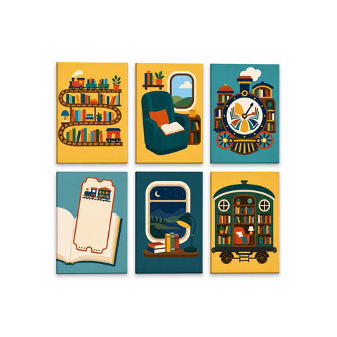 Colorful mini Paint by Numbers Set featuring library train, cozy reading chair, storybook clock, open notebook, nighttime reading scene and mobile bookshelf carriage illustrations by PaintEasy