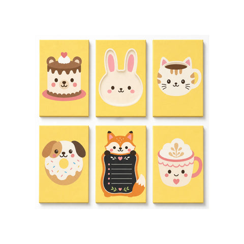 Colorful mini Paint by Numbers Set featuring bear cake, bunny plate, cat coffee cup, puppy donut, fox menu board and smiling latte cup illustrations by PaintEasy