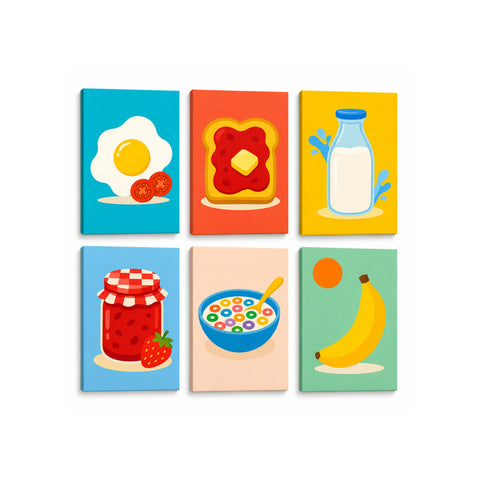 Colorful mini Paint by Numbers Set featuring fried egg, jam toast, milk bottle, strawberry jam jar, cereal bowl and banana illustrations by PaintEasy