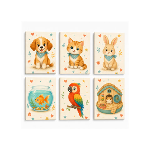 Colorful mini Paint by Numbers Set featuring puppy, kitten, bunny, goldfish bowl, parrot and hamster house illustrations by PaintEasy