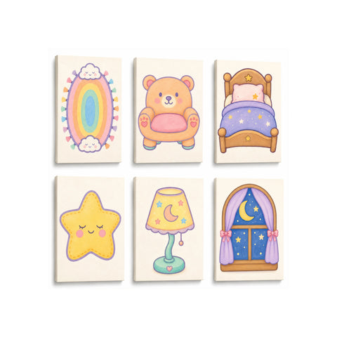 Colorful mini Paint by Numbers Set featuring rainbow rug, teddy chair, moonlit bed, smiling star pillow, crescent moon lamp and starry bedroom window illustrations by PaintEasy