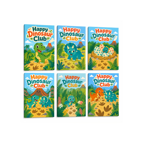 Colorful mini Paint by Numbers Set featuring green dinosaur, triceratops, dinosaur eggs, jungle volcano scene, baby dinosaur and dinosaur friends illustrations by PaintEasy