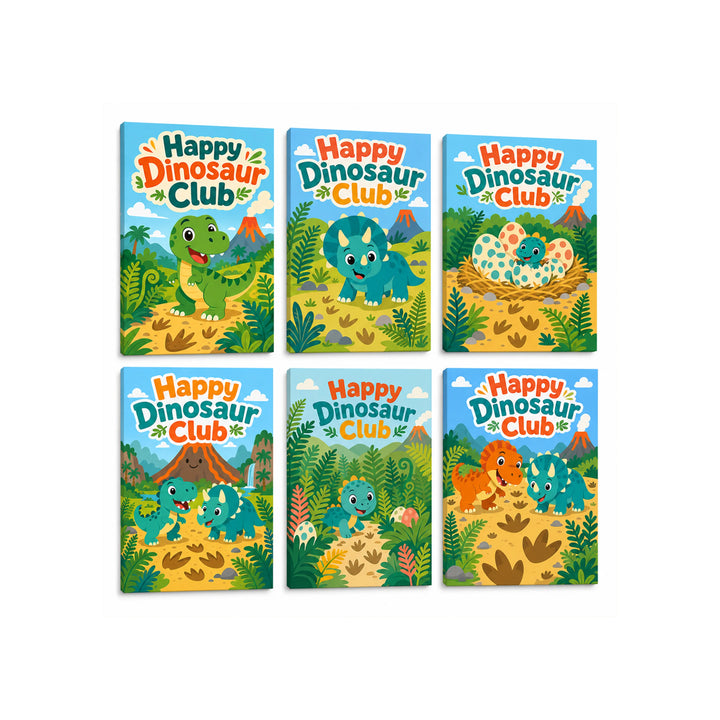 Colorful mini Paint by Numbers Set featuring green dinosaur, triceratops, dinosaur eggs, jungle volcano scene, baby dinosaur and dinosaur friends illustrations by PaintEasy