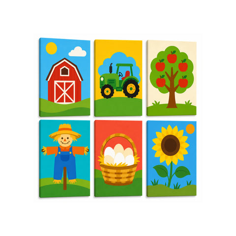 Colorful mini Paint by Numbers Set featuring red barn, green tractor, apple tree, scarecrow, egg basket and sunflower illustrations by PaintEasy