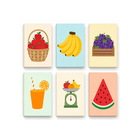 Colorful mini Paint by Numbers Set featuring apple basket, banana bunch, grape crate, orange juice cup, fruit scale and watermelon slice illustrations by PaintEasy